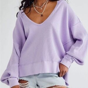 We The Free Lilac V-Neck Waffle Knit Sweater